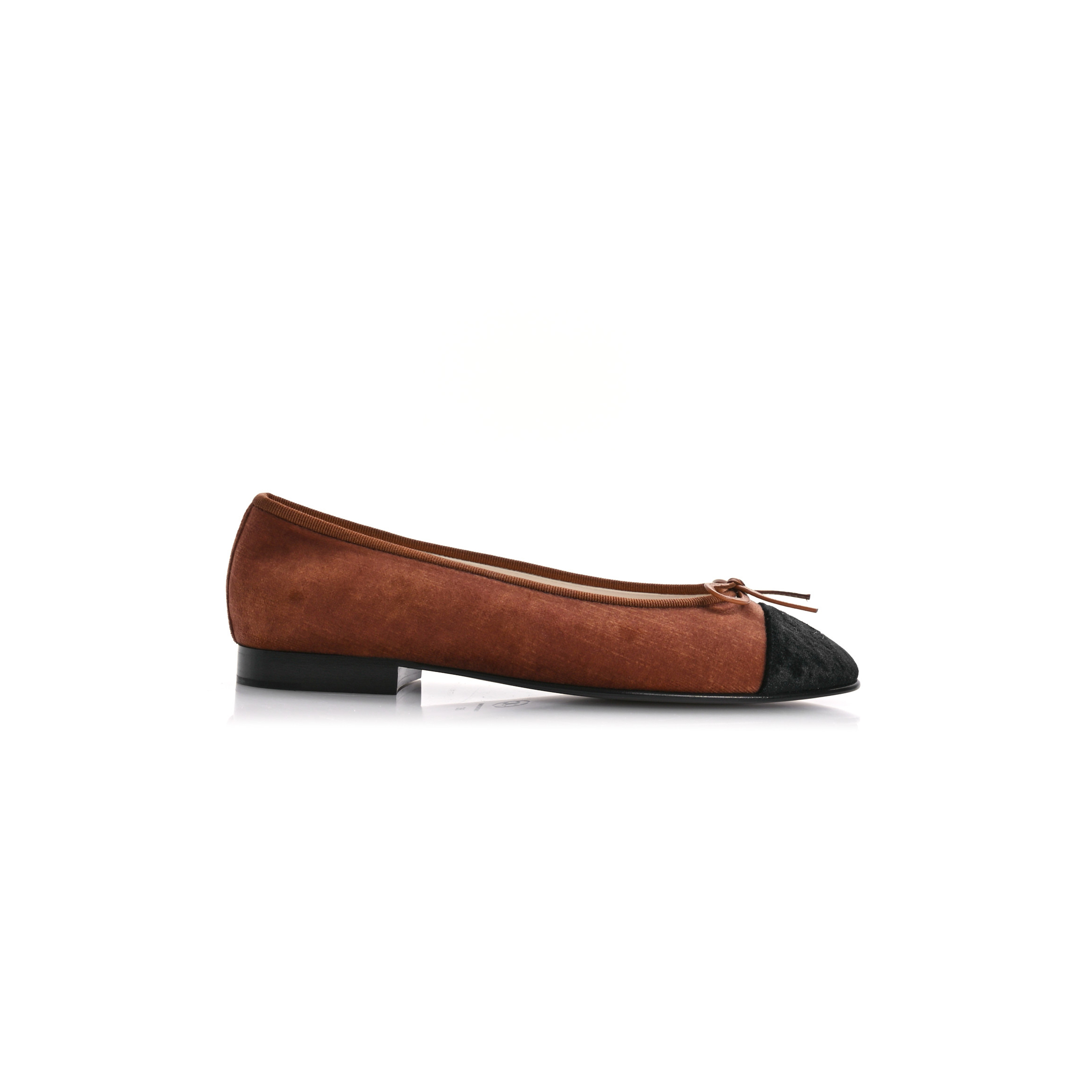 CHANEL VELVET CAP TOE CC BALLERINA FLATS 38 BROWN BLACK 1672122